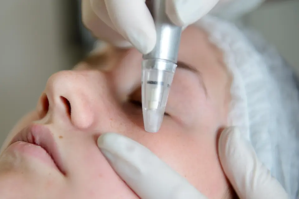 A facial skin treatment being carried out in a clinic