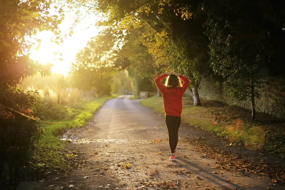 A woman walking along a tree-lined path in morning light