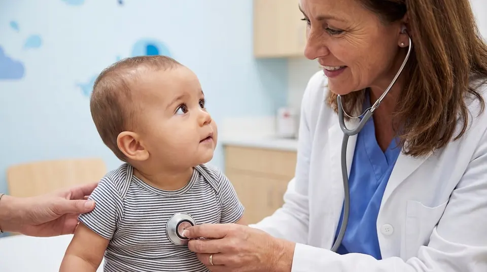 A doctor listening to a baby’s chest with a stethoscope